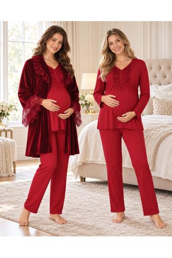 Effortt 8088V Vişne Kadife Sabahlıklı Dantelli Lohusa Pijama Takımı